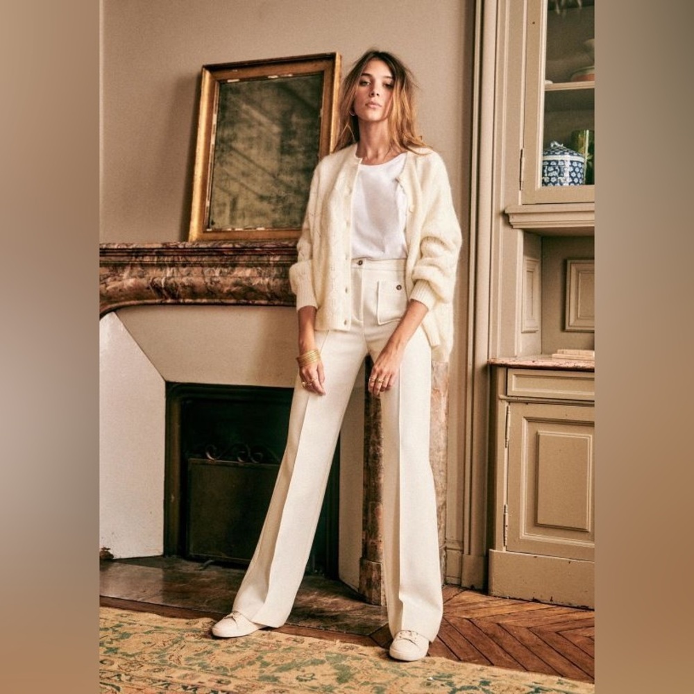 Sezane Cream Wide Leg Pants Dan Trousers 34